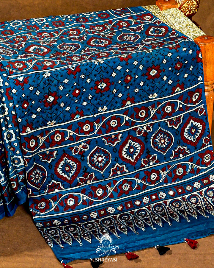 Mirror Work Pure Modal Silk Ajrakh Hand Block Printed Saree | Naturally Dyed Artisan Collection