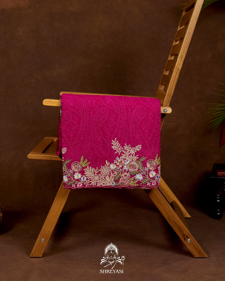 Premium Pure Georgette Chikankari Saree in Jewel Magenta with Embroidered Floral Borders