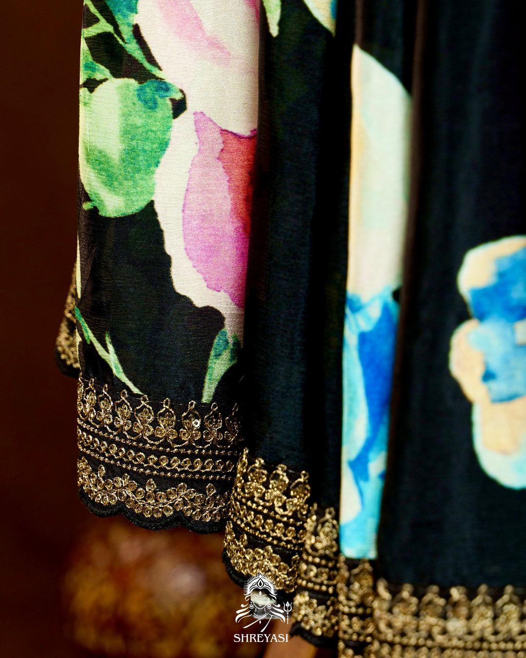 Pure Chinon Satin Saree with Floral Print and Embroidered Borders