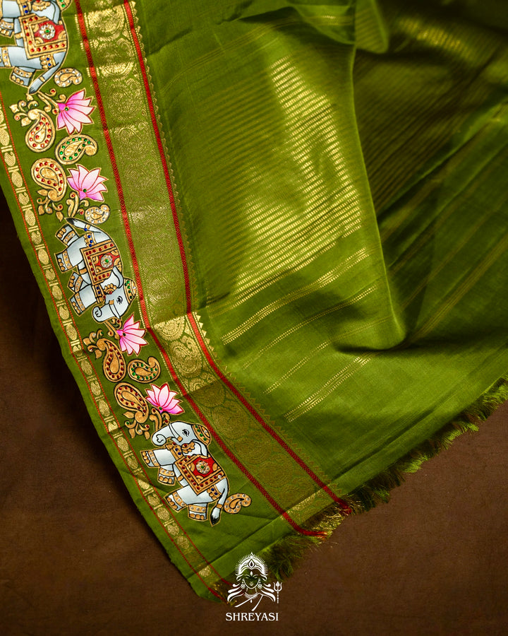 Traditional Tanjore Painting on Handloom Pure Kanjivaram Silk Sarees with Real Zari