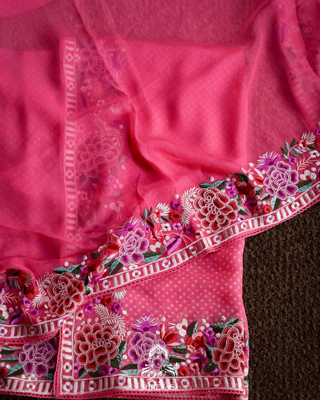 Pure Georgette Saree with Parsi Gara Style Embroidered Borders and Bandhej Body