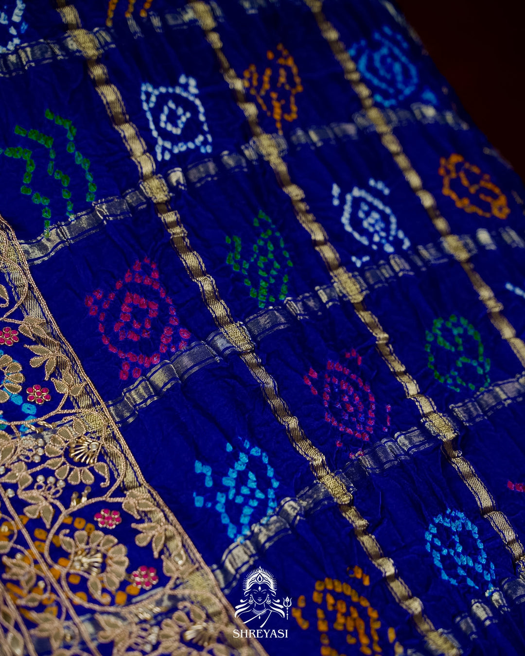Handloom Pure Gaji Silk Gharchola Bandhej Saree with Multicolor Bandhani, Multicolor Pallu & Handcrafted Gota Patti Borders
