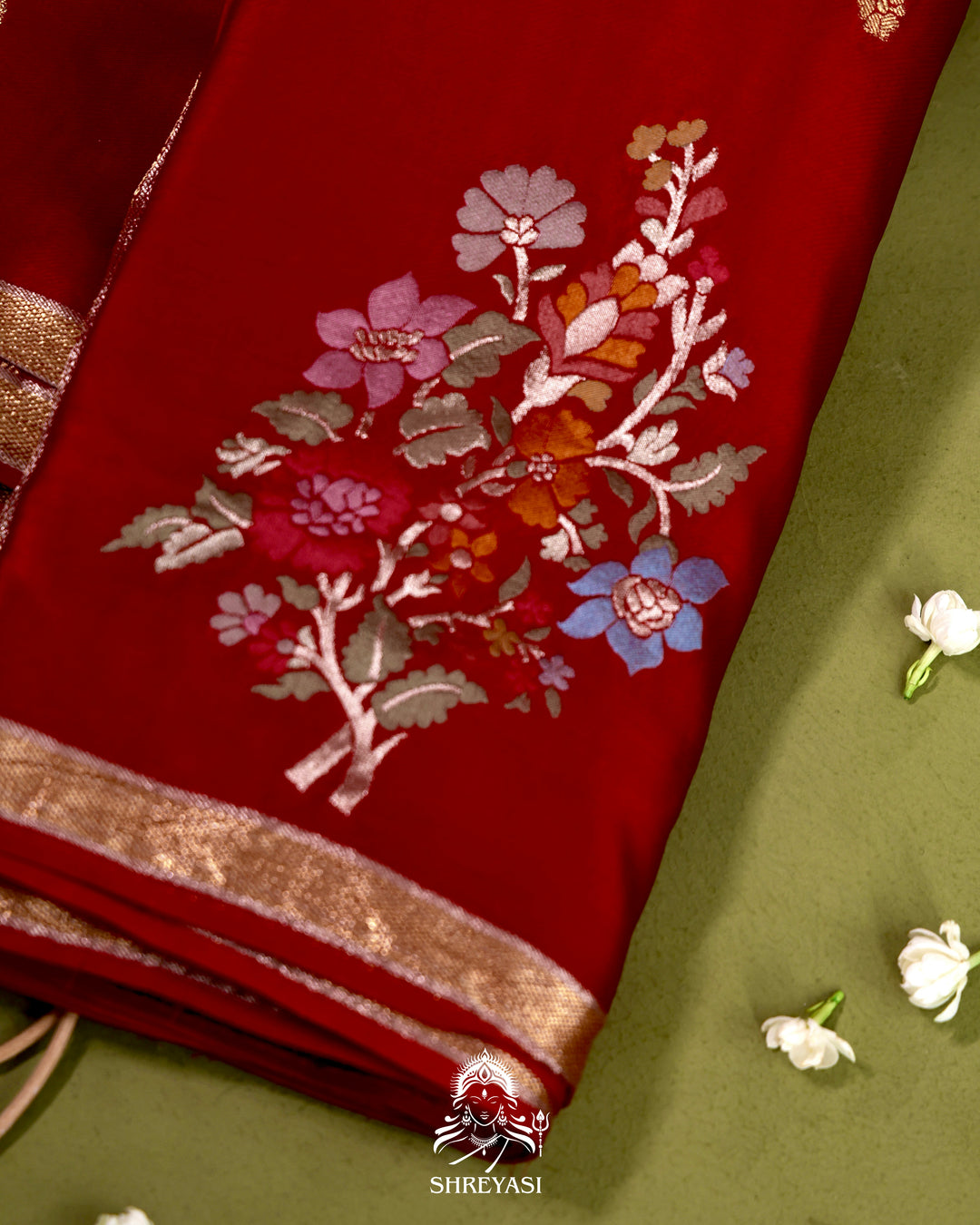 Handloom Pure Mashru Silk Saree with Sona Rupa Meenakari Bhutis and Nakshi Pallu