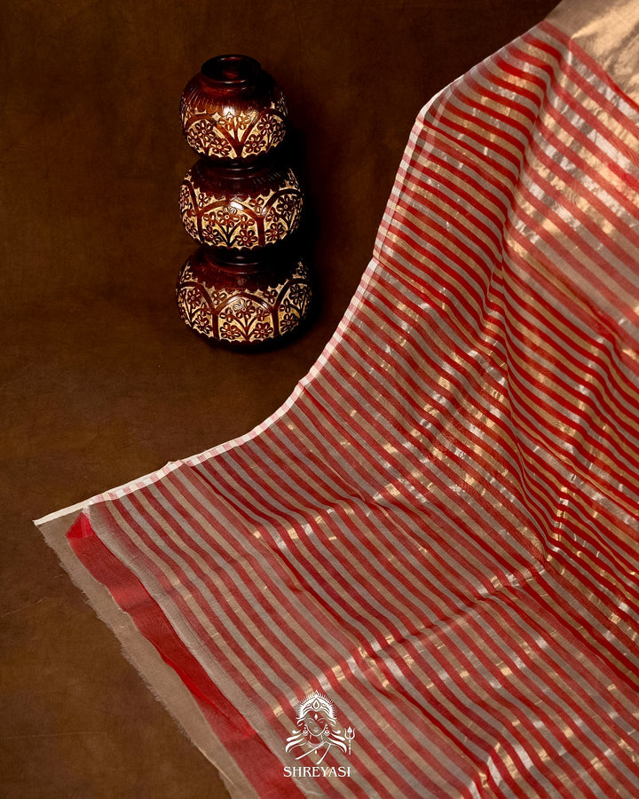 Handloom Pure Chanderi Tissue Silk Saree with Woven Bhutis and Striped Blouse