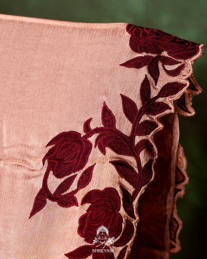 Pure Satin Silk Saree with Contrast Appliqué Borders