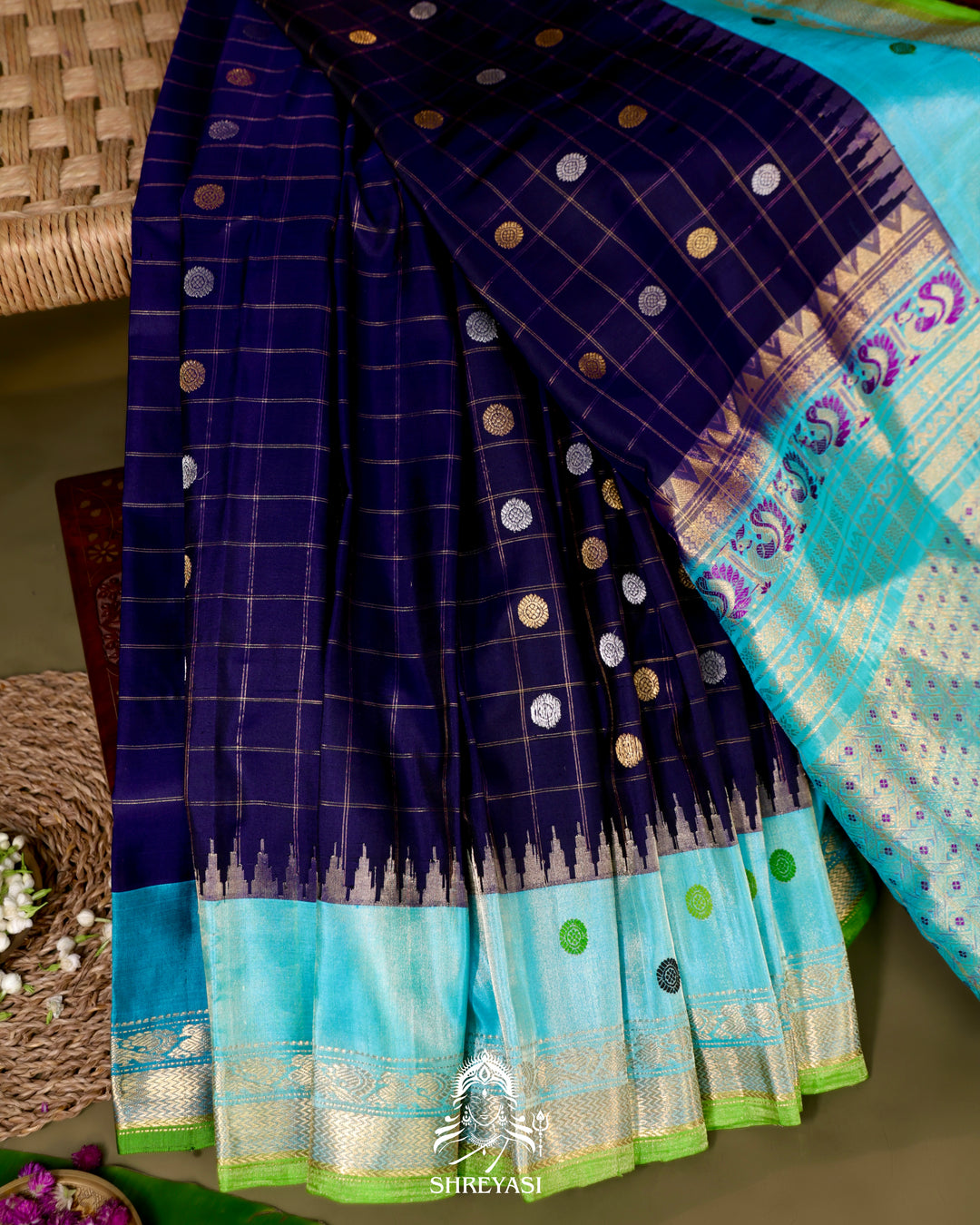 Handloom Pure Gadwal Silk Saree in Royal Blue with Aqua Tissue Borders