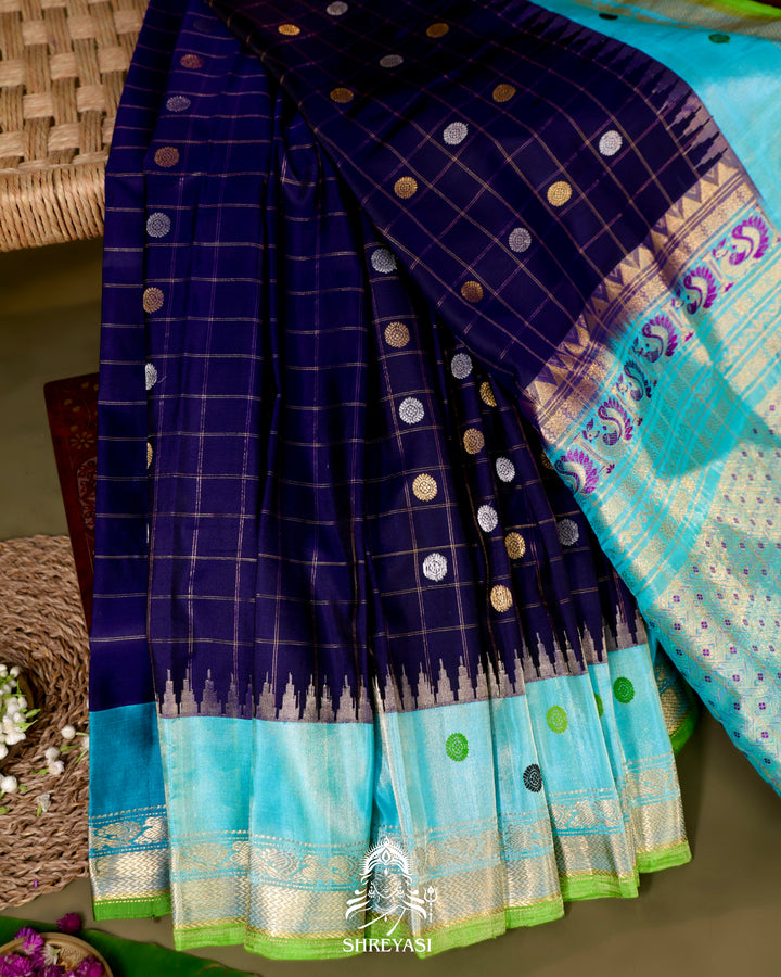 Handloom Pure Gadwal Silk Saree in Royal Blue with Aqua Tissue Borders