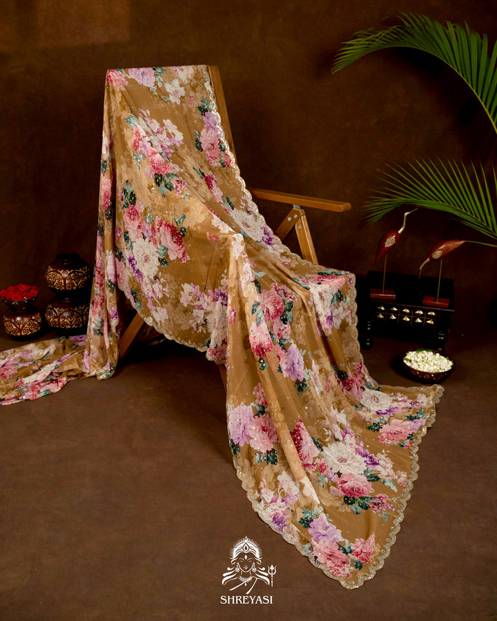 Hand Embellished Pure Georgette Floral Saree in Mocha Beige