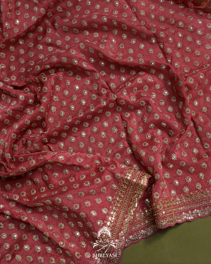 Peach pink Chinon Satin Floral Saree with Embroidered Border