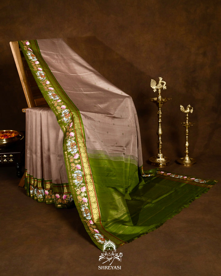 Traditional Tanjore Painting on Handloom Pure Kanjivaram Silk Sarees with Real Zari