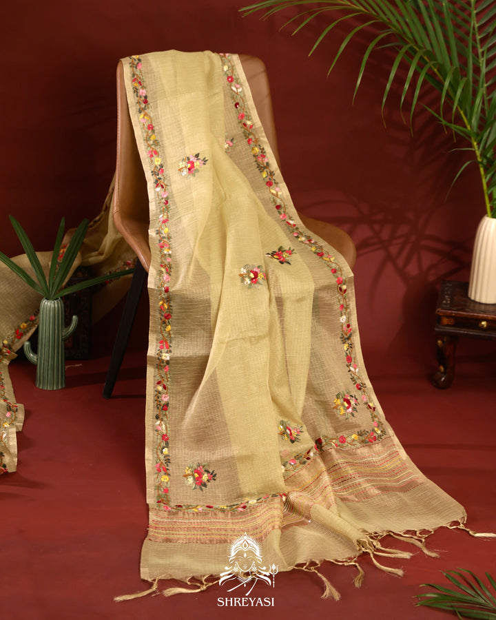 Tissue Linen Saree with Resham Floral Embroidery