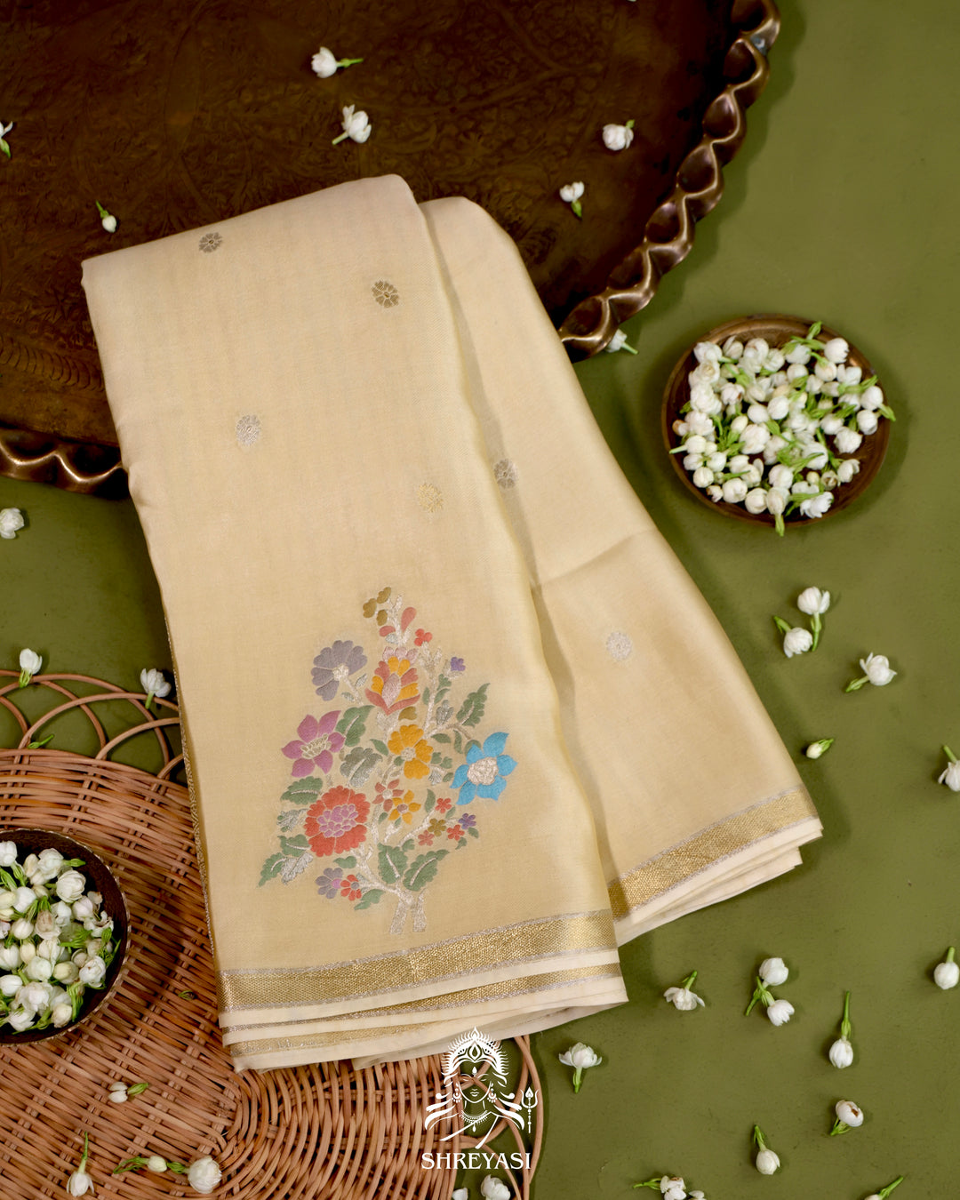 Handloom Pure Mashru Silk Saree with Sona Rupa Meenakari Bhutis and Nakshi Pallu