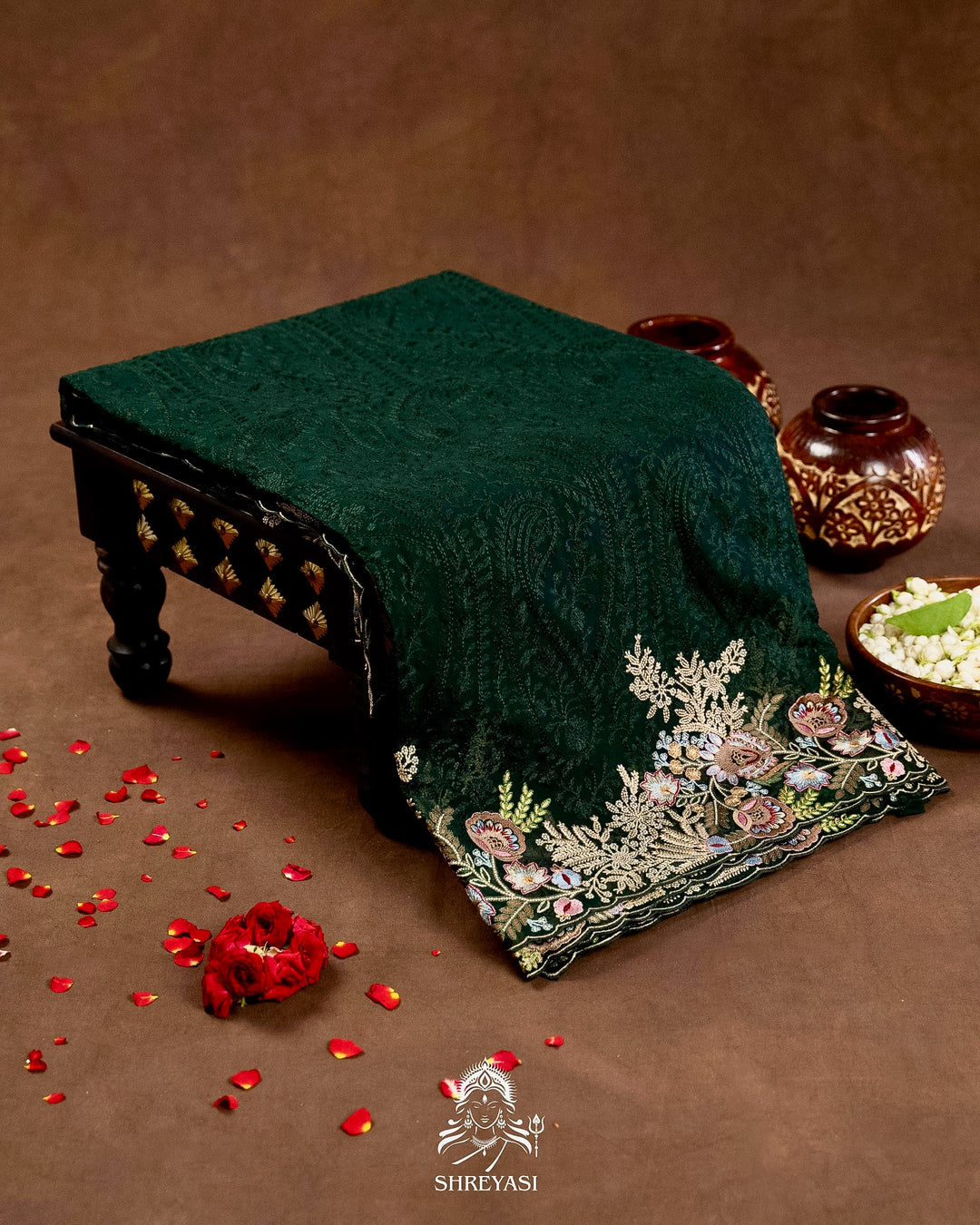 Premium Pure Georgette Chikankari Saree in Emerald Green with Embroidered Floral Borders