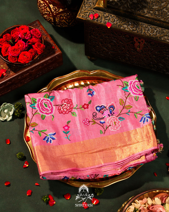 Handloom Pure Desi Tussar Silk Saree with Petit Point Embroidery