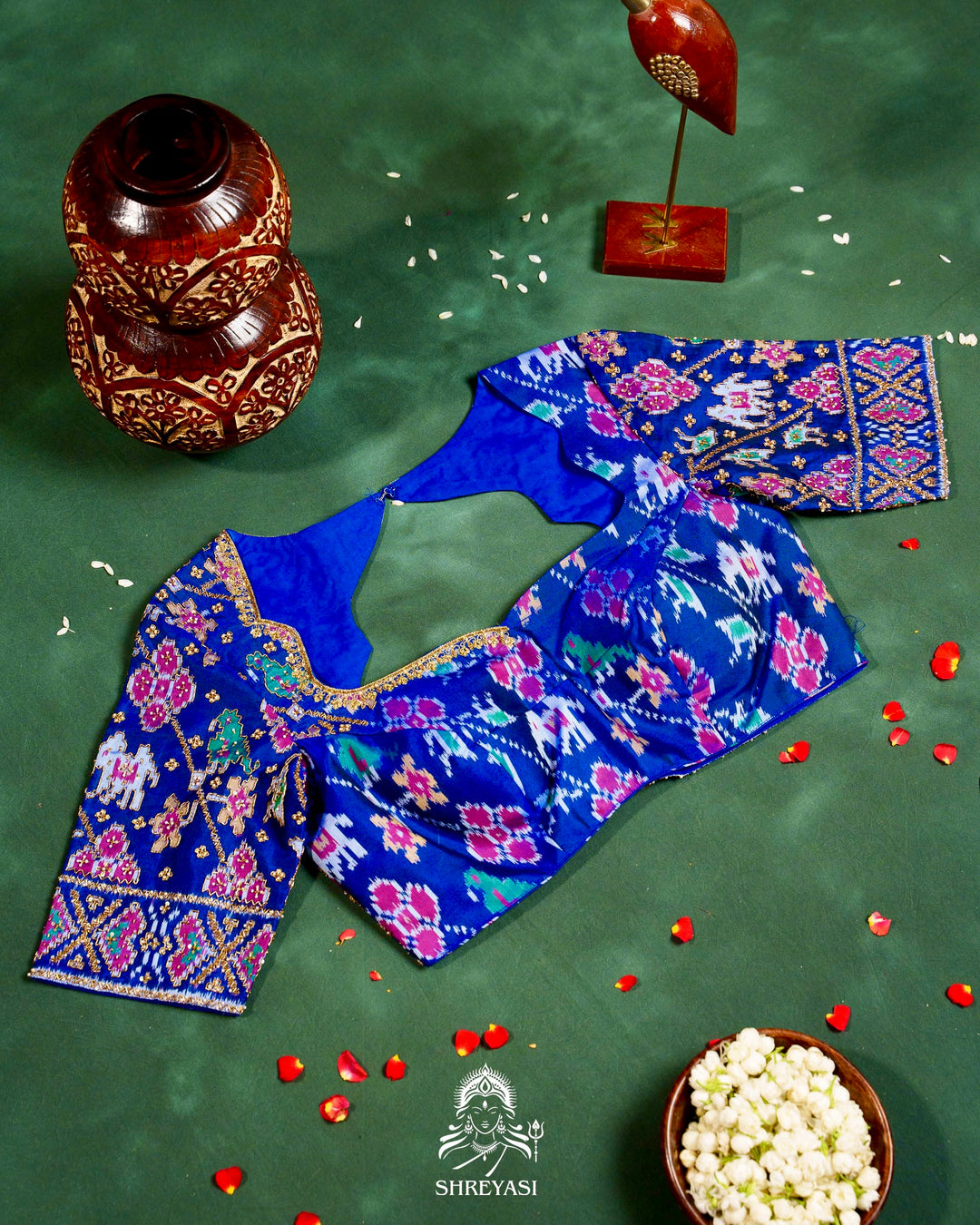 Handloom Pure Single Ikat Rajkot Patola Silk Blouse with Rich Hand Embroidery