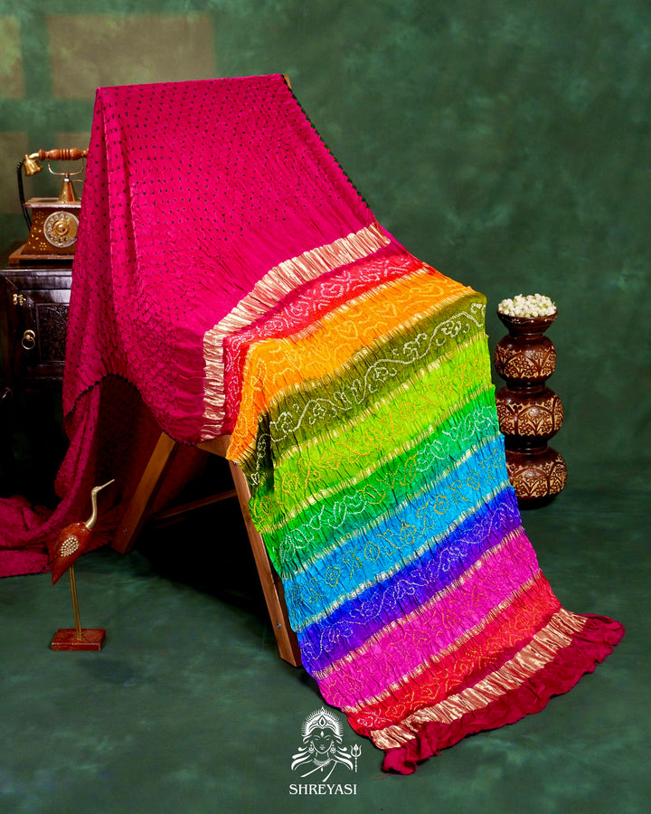 Handloom Pure Bandhani Gaji Silk Saree with Hand-Knotted Bandhej and Multicolored Bandhani Pallu
