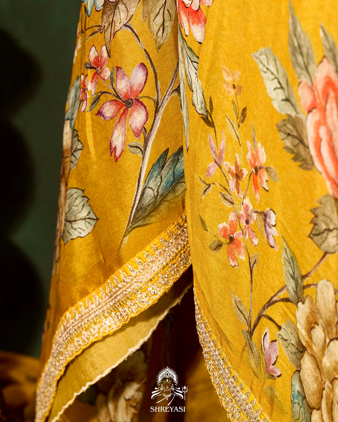 Floral Crepe Chiffon Saree with Embroidered Borders