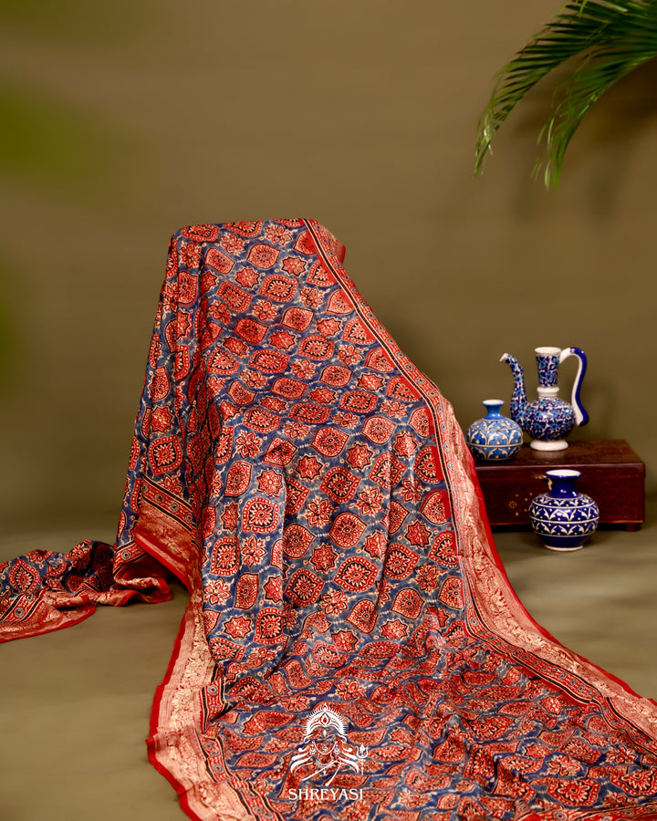 Hand Block Printed Ajrakh Dola Silk Saree with Zari Brocade Blouse