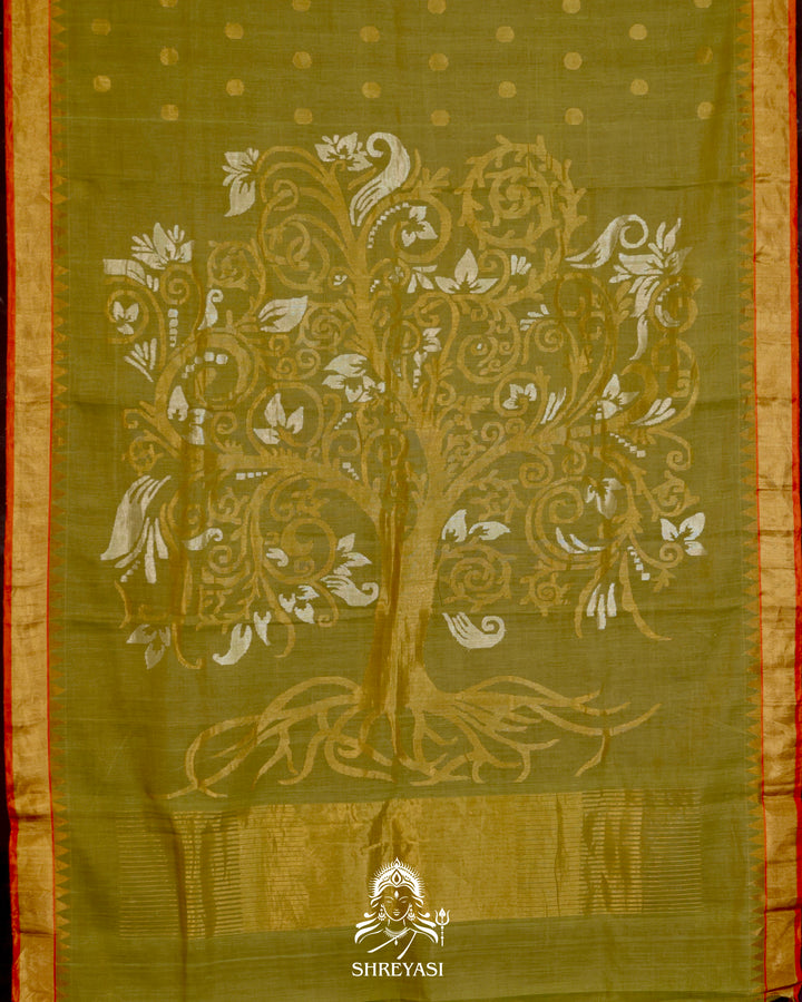 Ponduru Khadi Jamdani saree in olive green with handwoven jamdani motifs and contrast orange border