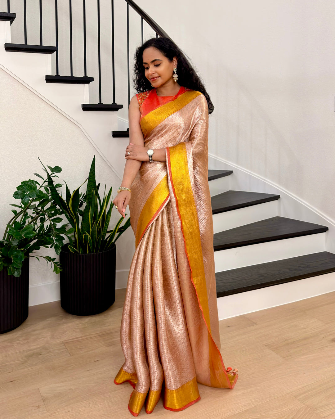 Handloom Pure Banarasi Tissue Brocade Saree in Rose Gold with Contrast Zari Border