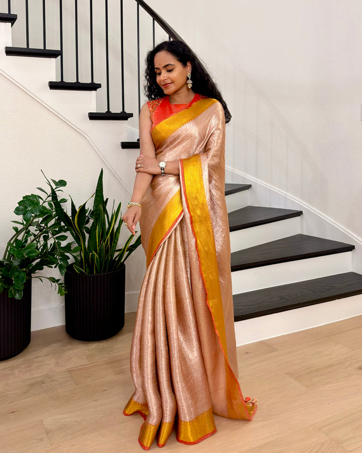 Handloom Pure Banarasi Tissue Brocade Saree in Rose Gold with Contrast Zari Border