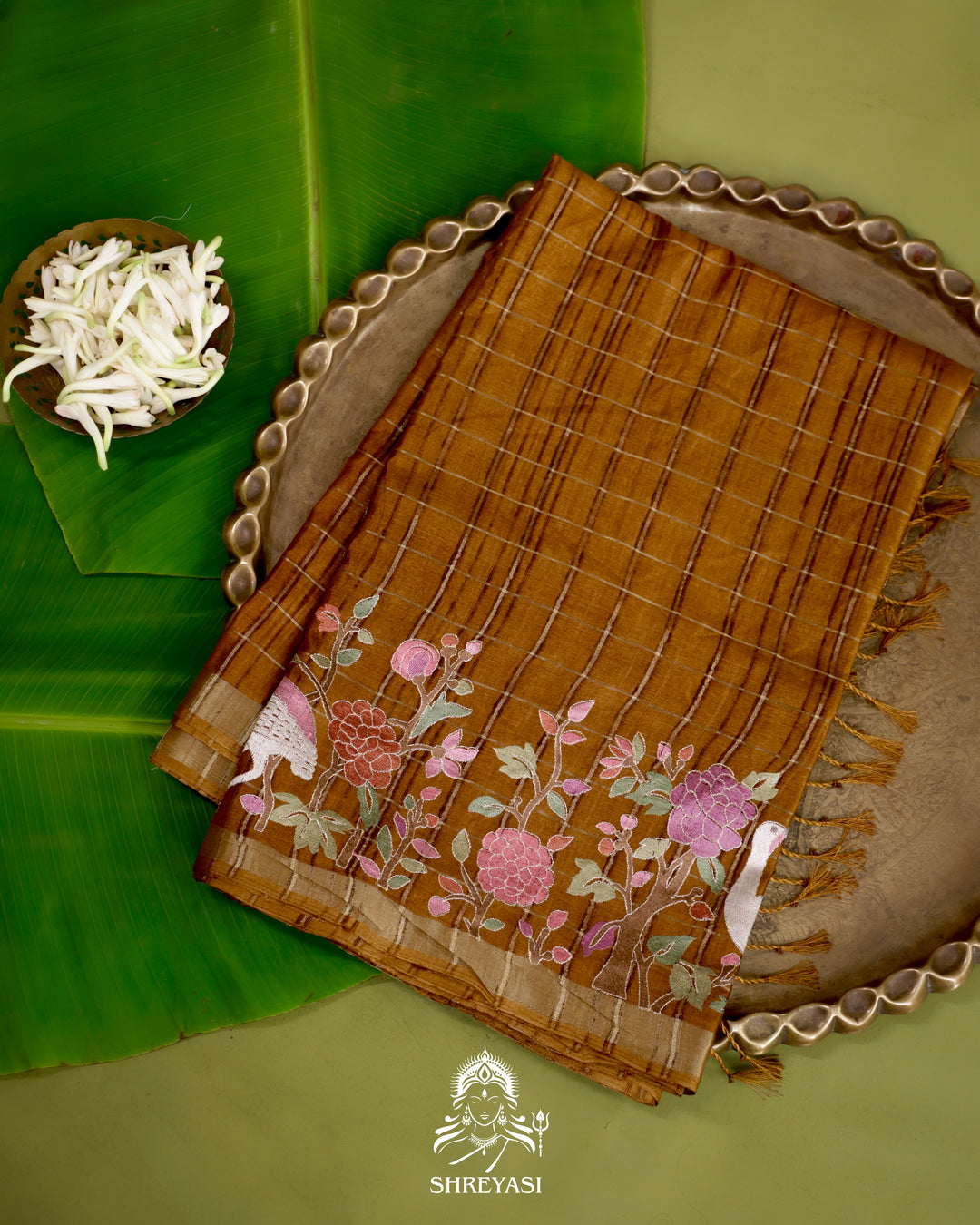 Pure Linen Tussar Silk Saree with Resham Embroidered Borders