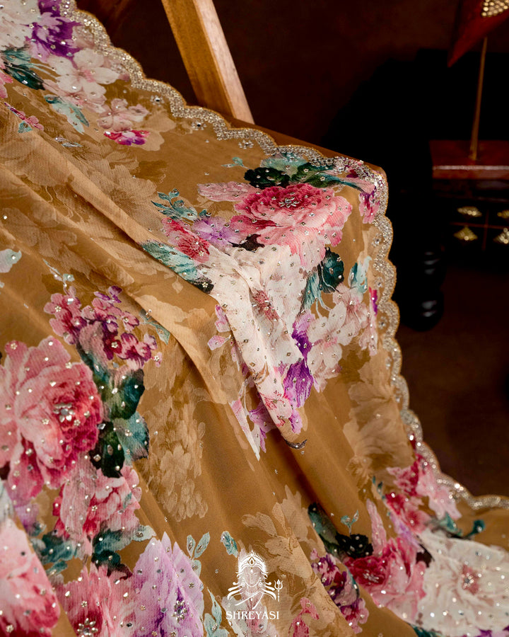 Hand Embellished Pure Georgette Floral Saree in Mocha Beige