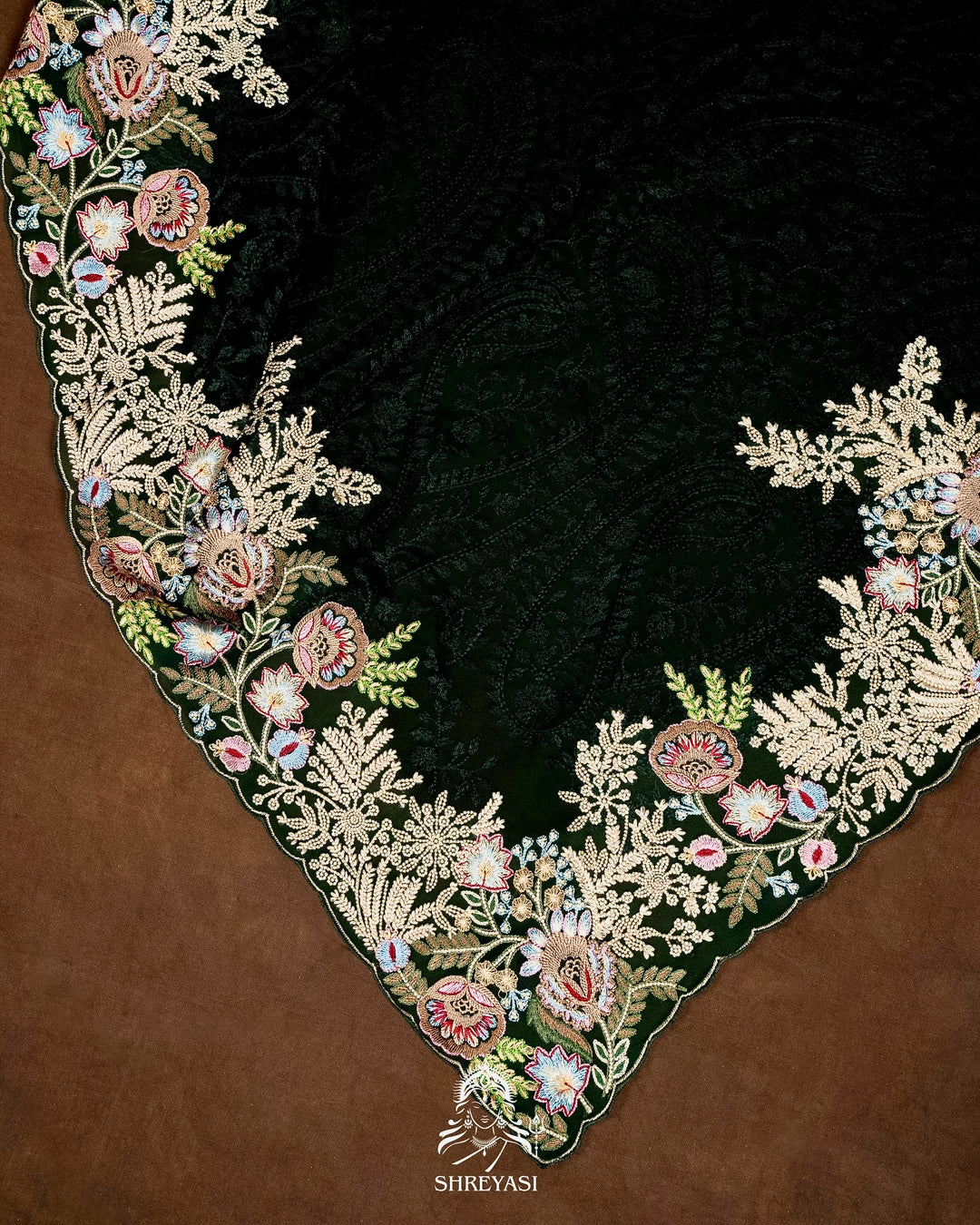Premium Pure Georgette Chikankari Saree in Emerald Green with Embroidered Floral Borders