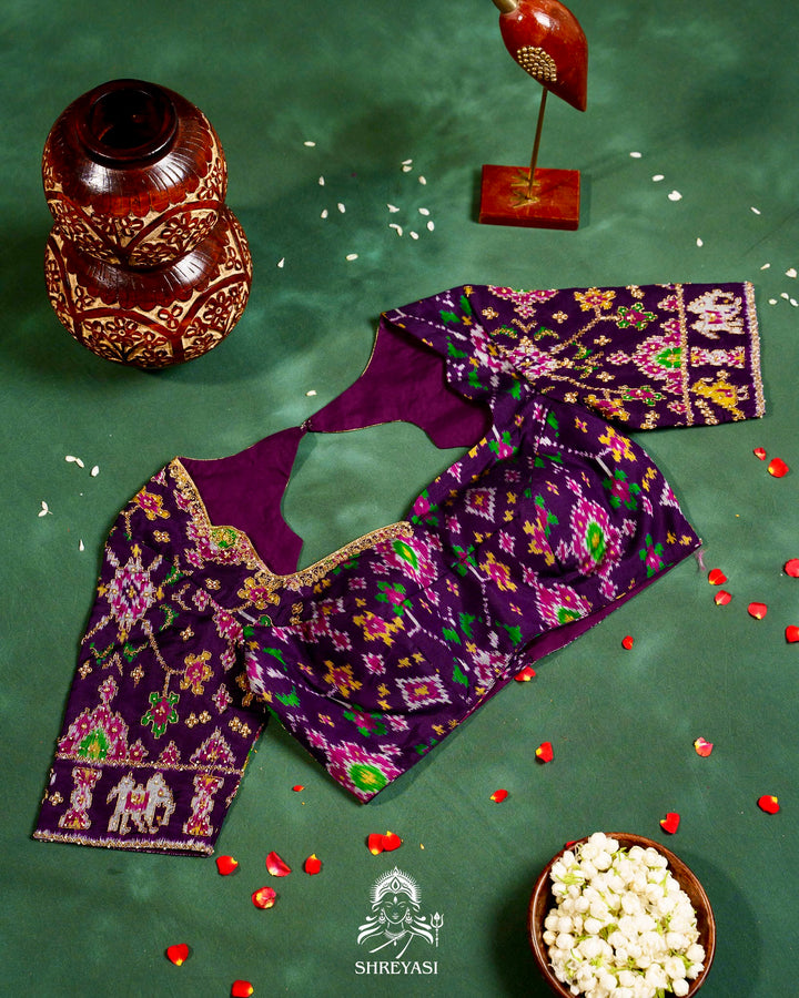 Handloom Pure Single Ikat Rajkot Patola Silk Blouse with Rich Hand Embroidery