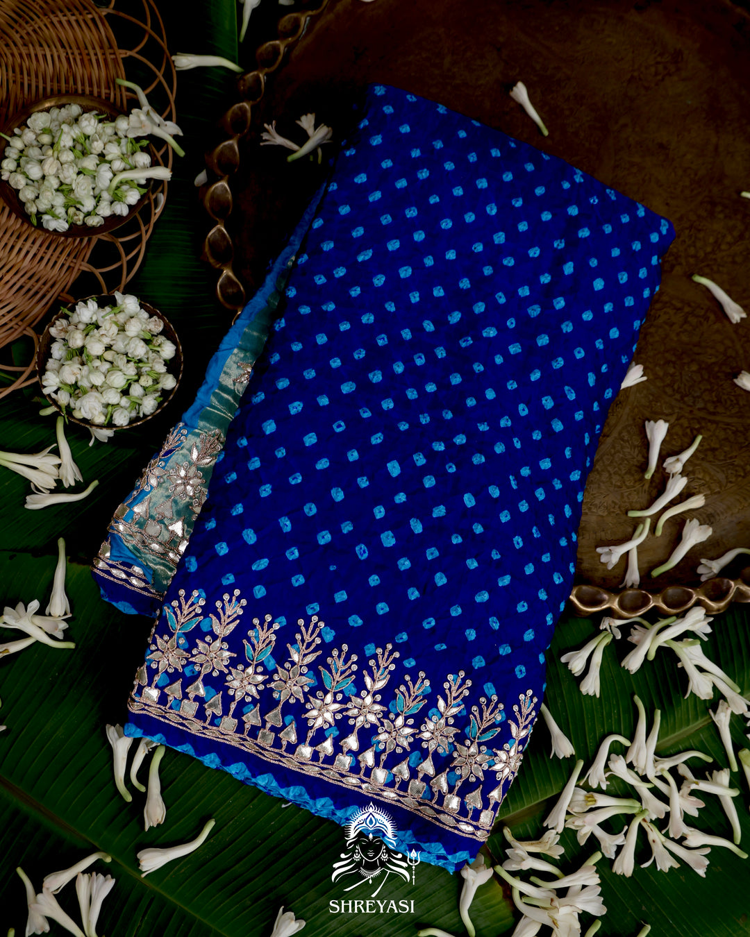 Handloom Pure Gaji Silk Saree with Hand-Knotted Bandhej and Gharchola Pallu with Heavy Gotapatti Embroidery