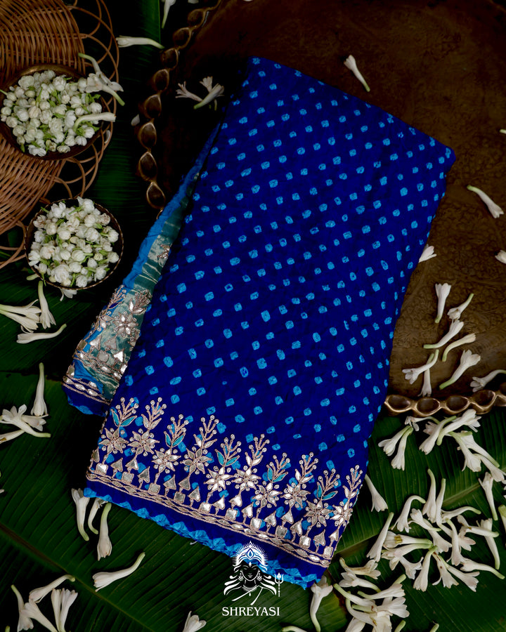 Handloom Pure Gaji Silk Saree with Hand-Knotted Bandhej and Gharchola Pallu with Heavy Gotapatti Embroidery