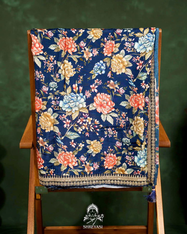 Floral Crepe Chiffon Saree with Embroidered Borders