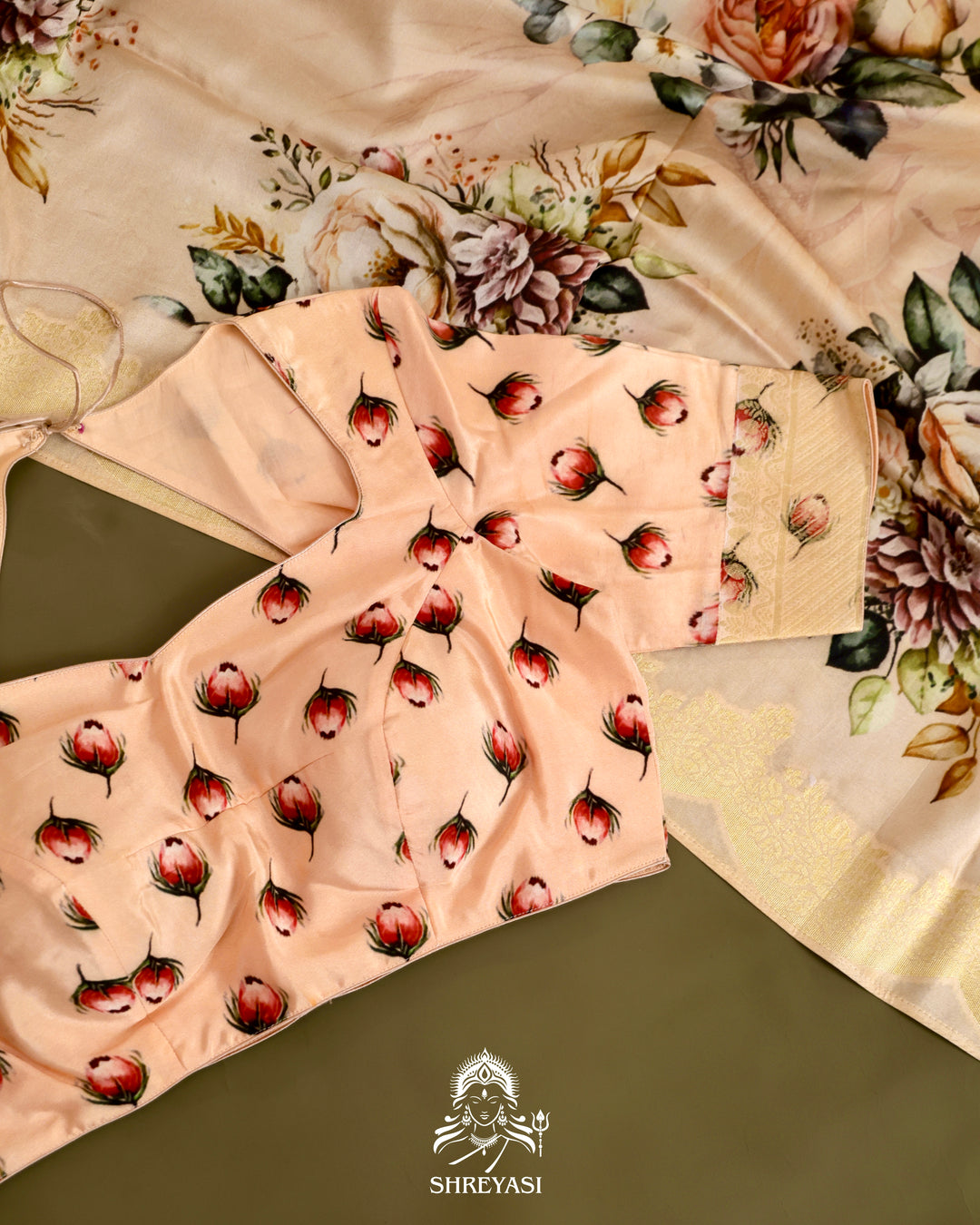 Banarasi Chiniya Silk Saree with Floral Body and Scalloped Zari Border