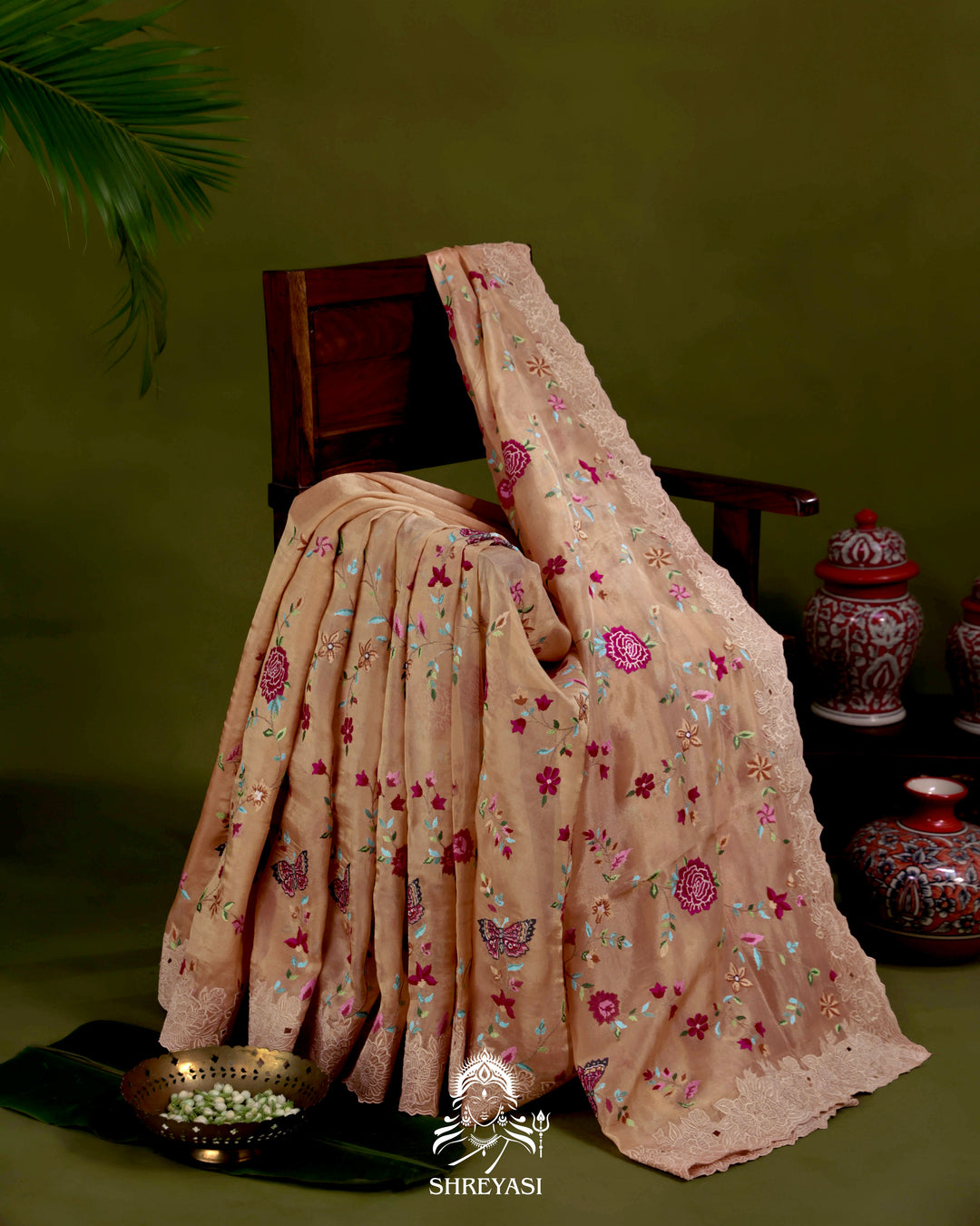 Handloom Pure Tissue Silk Saree with All Over Petit Point Embroidery and Chantilly Lace Borders