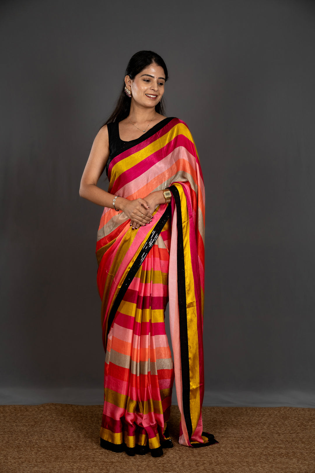 Pure Chinon Satin Saree with Multicolor Stripes and Sequin Border with Sequin Blouse
