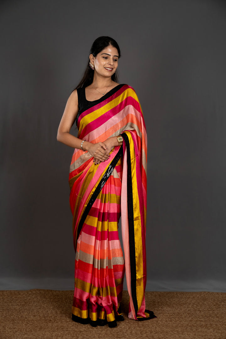 Pure Chinon Satin Saree with Multicolor Stripes and Sequin Border with Sequin Blouse