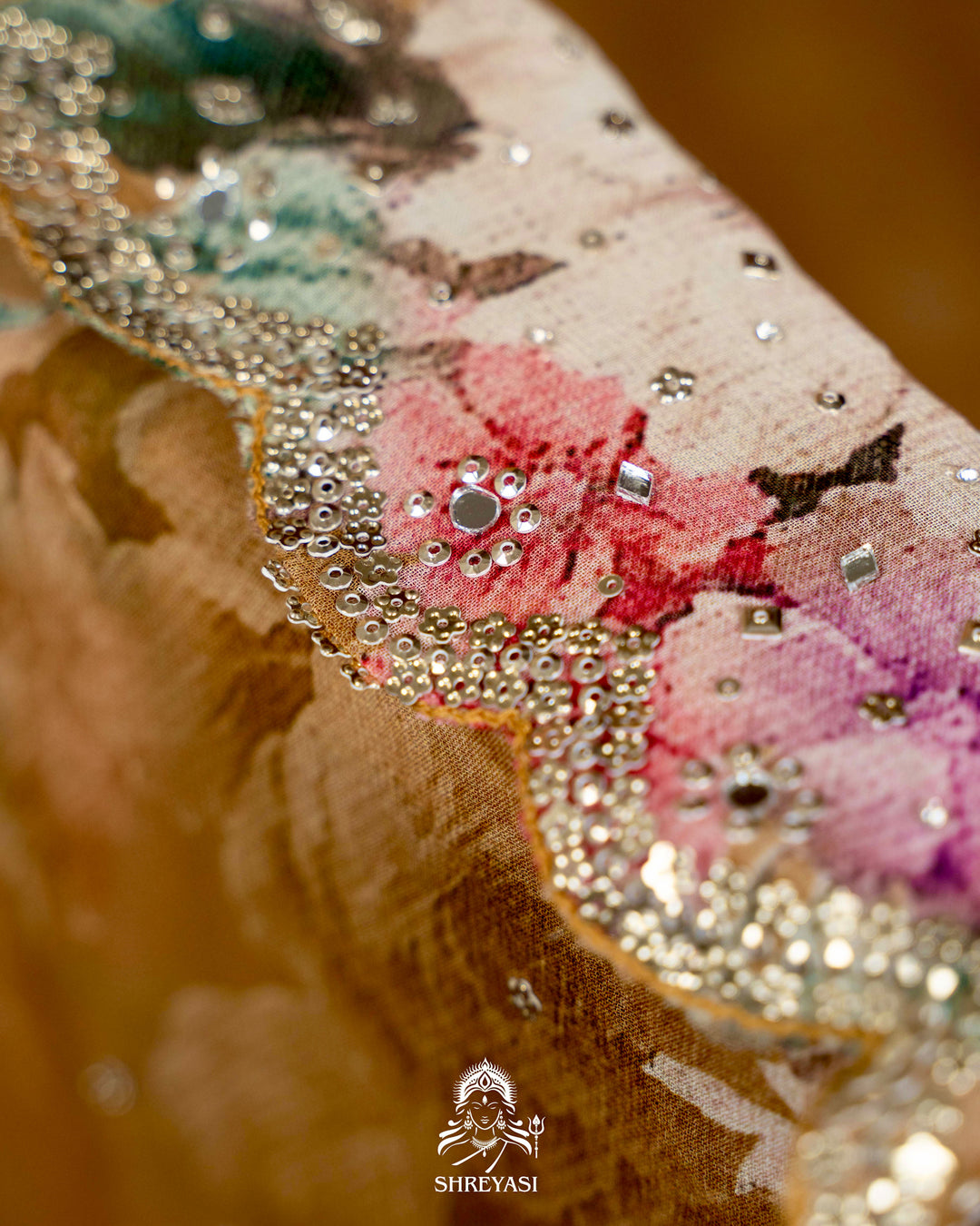 Hand Embellished Pure Georgette Floral Saree in Mocha Beige