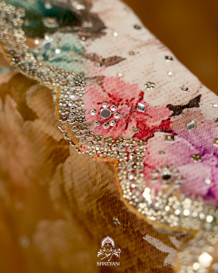 Hand Embellished Pure Georgette Floral Saree in Mocha Beige