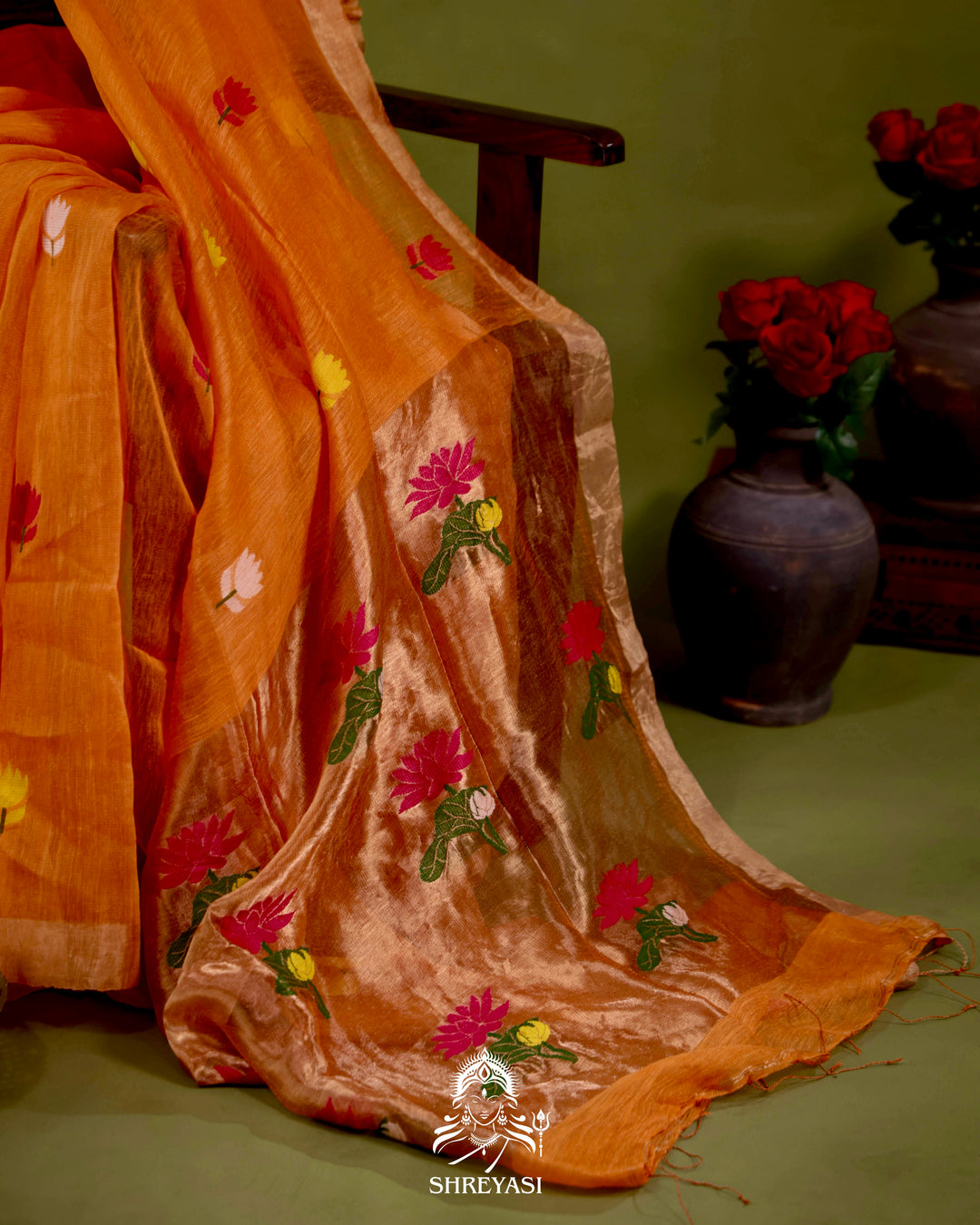 Handloom Silk Linen Jamdani Saree with Tissue Paithani Pallu
