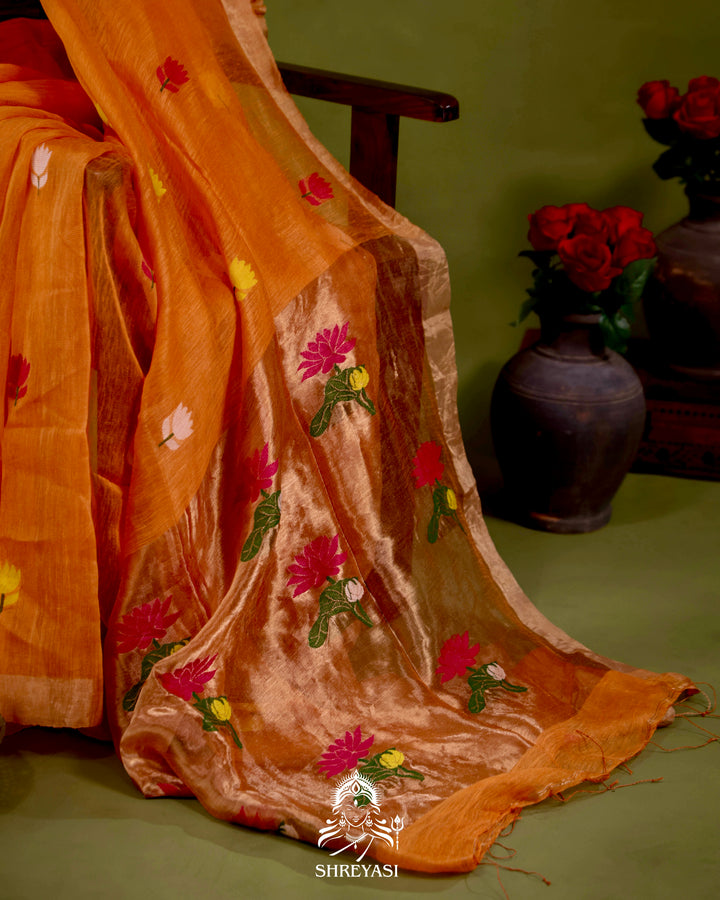 Handloom Silk Linen Jamdani Saree with Tissue Paithani Pallu