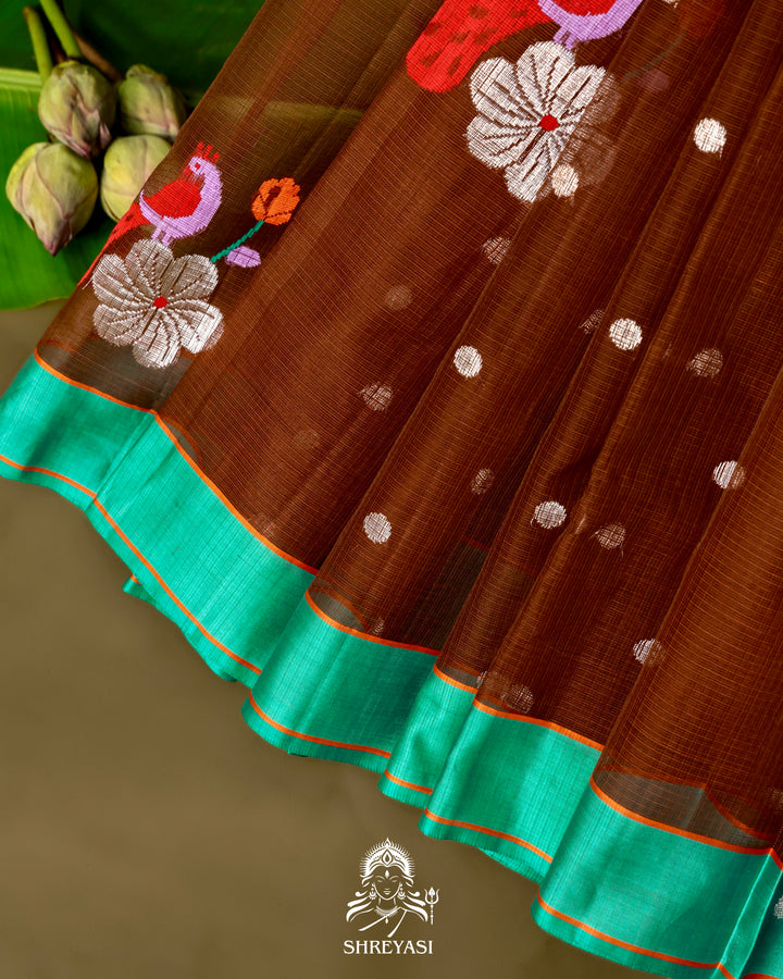 Zari Kota Silk Saree with Bird Motifs and Contrast Turquoise Blouse