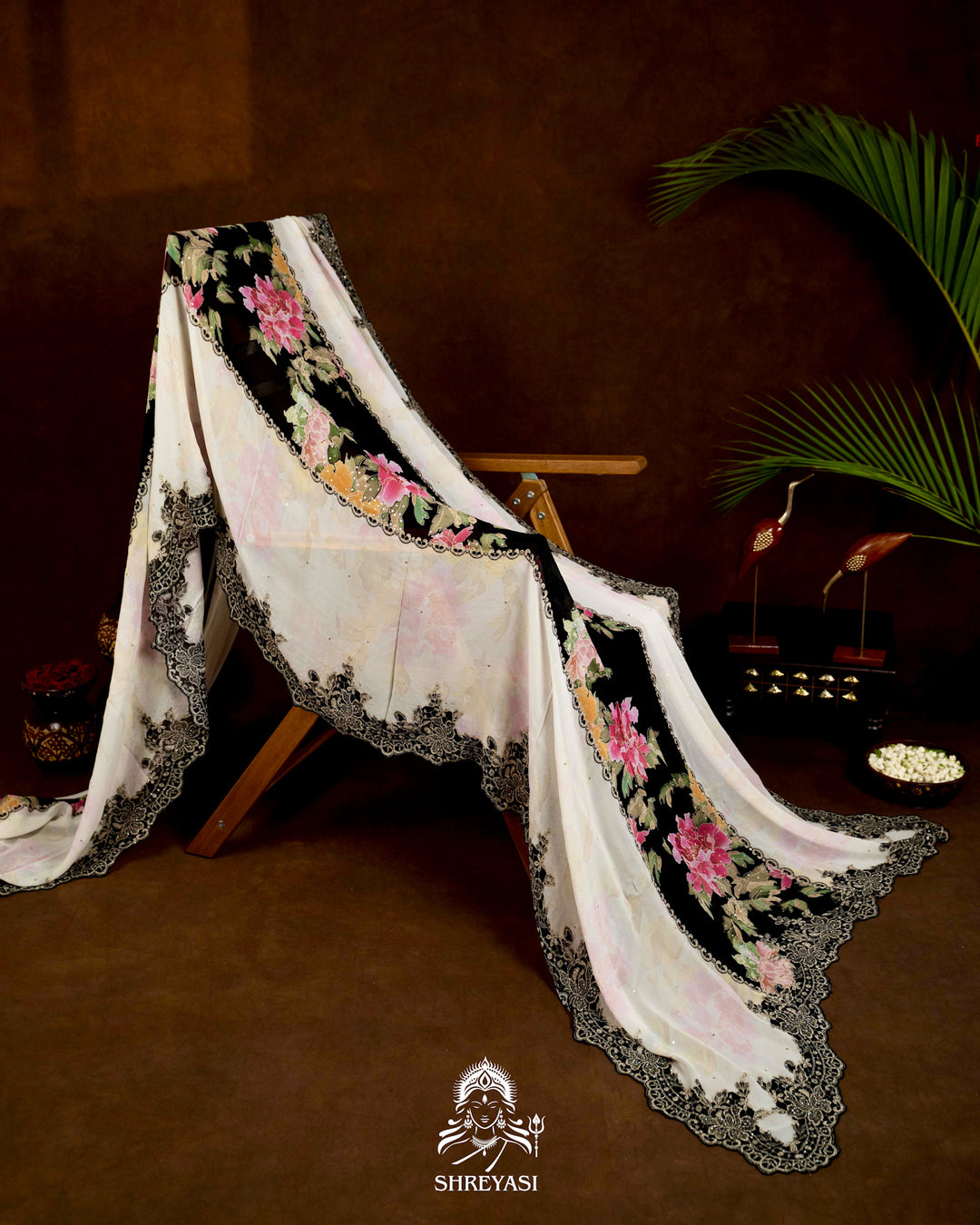 Pure Georgette Floral Saree with Chantilly Lace Embroidery Border