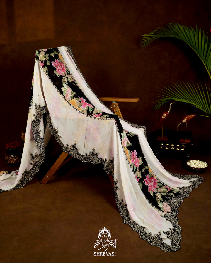 Pure Georgette Floral Saree with Chantilly Lace Embroidery Border