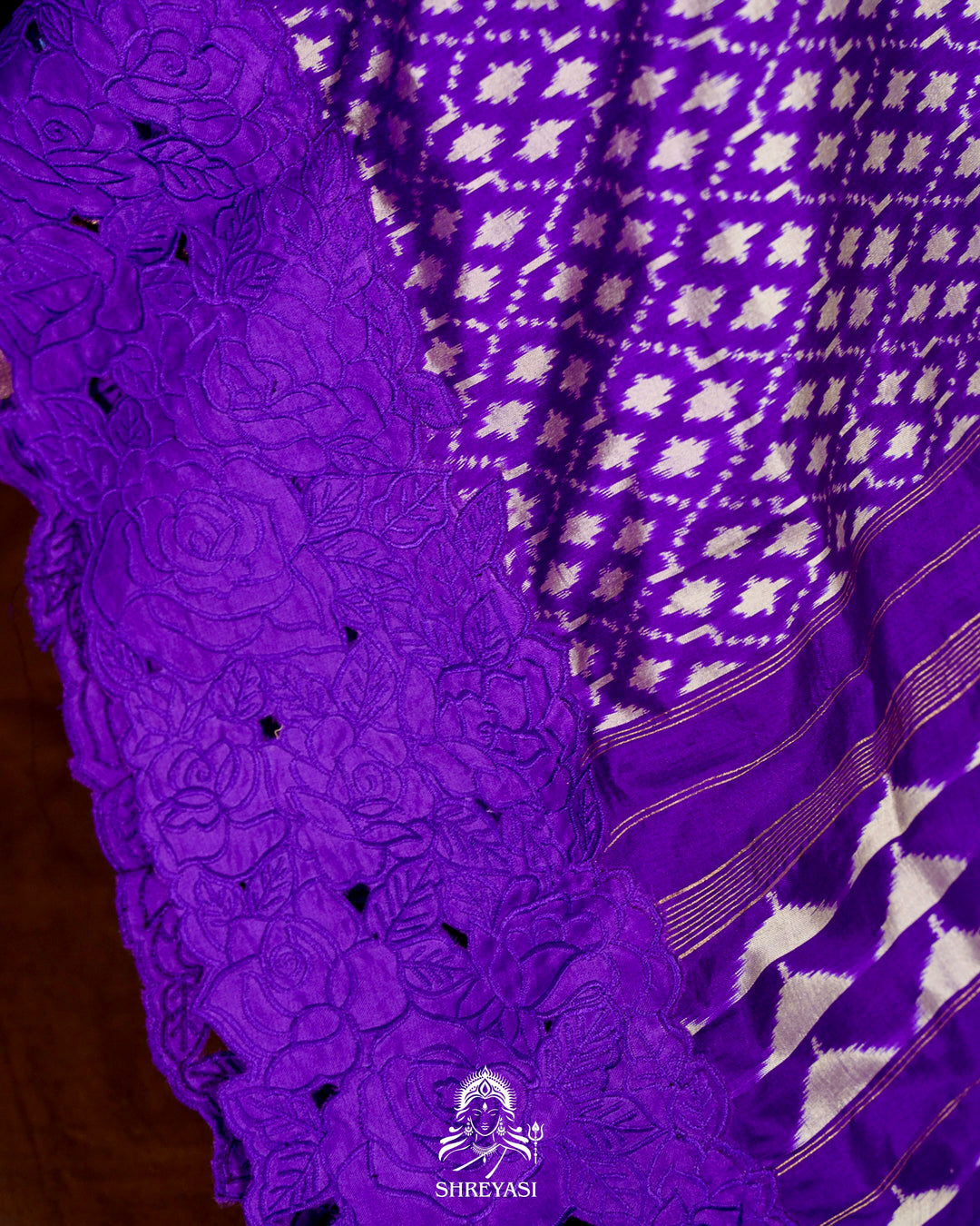 Handloom Pure Patola Silk Saree with Scalloped Floral Appliqué Embroidered Borders