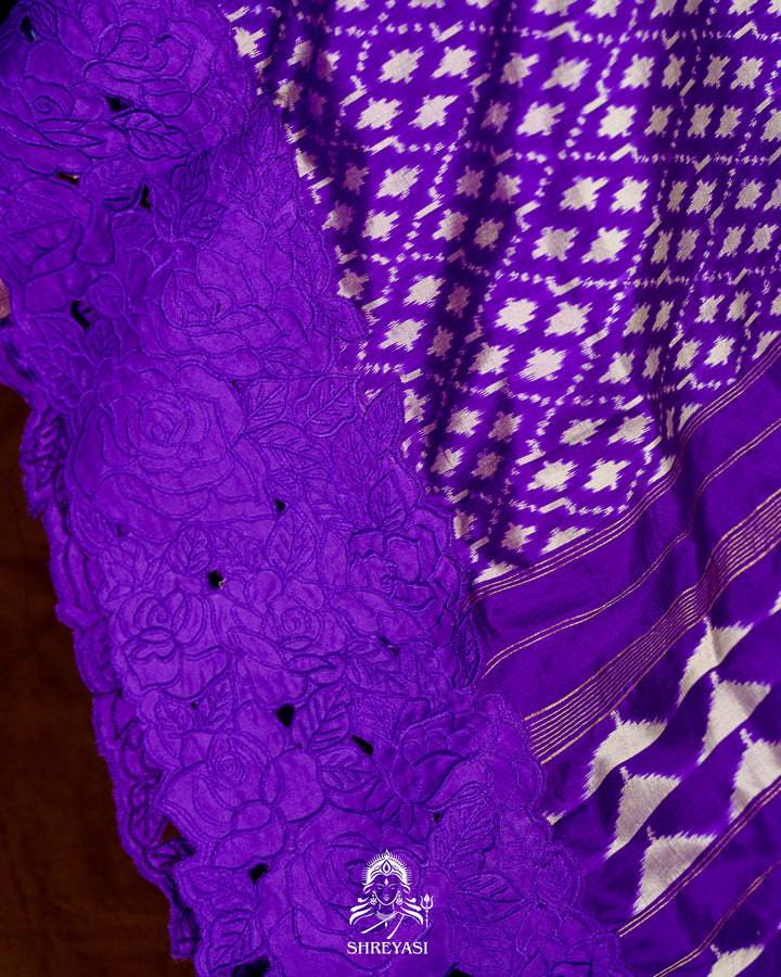 Handloom Pure Patola Silk Saree with Scalloped Floral Appliqué Embroidered Borders