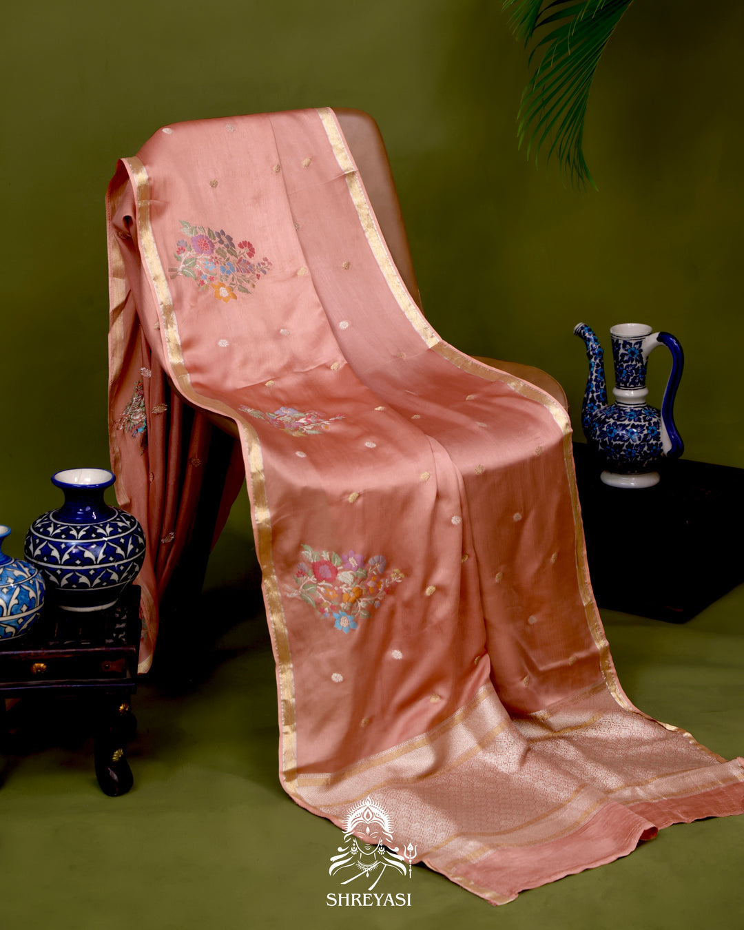Handloom Pure Mashru Silk Saree with Sona Rupa Meenakari Bhutis and Nakshi Pallu