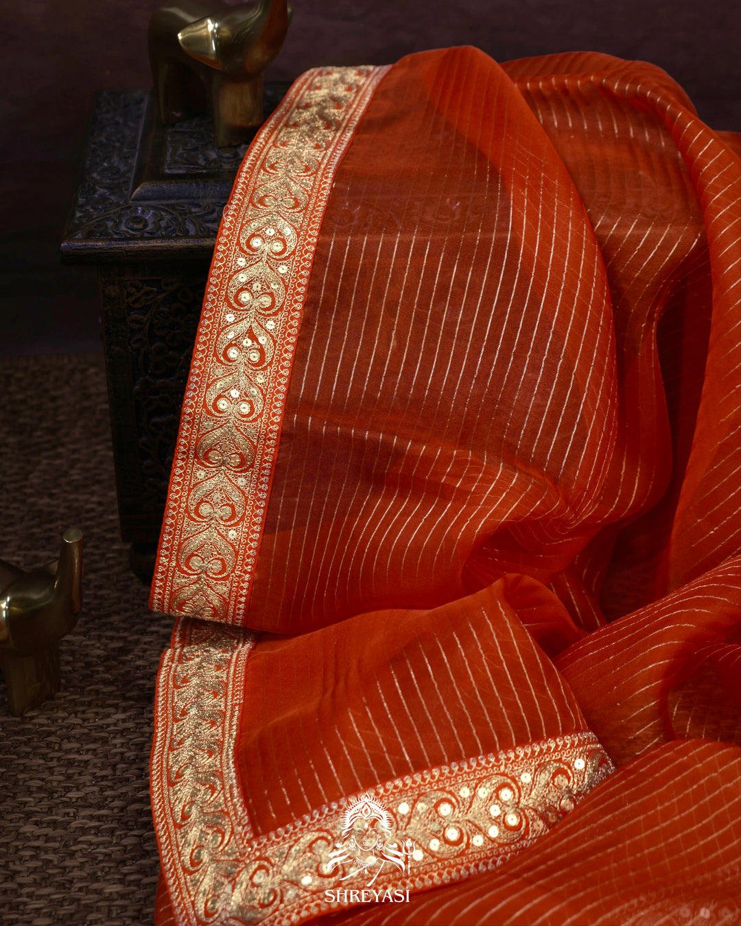 Pure Organza Silk Saree in Orange with Embroidered Border