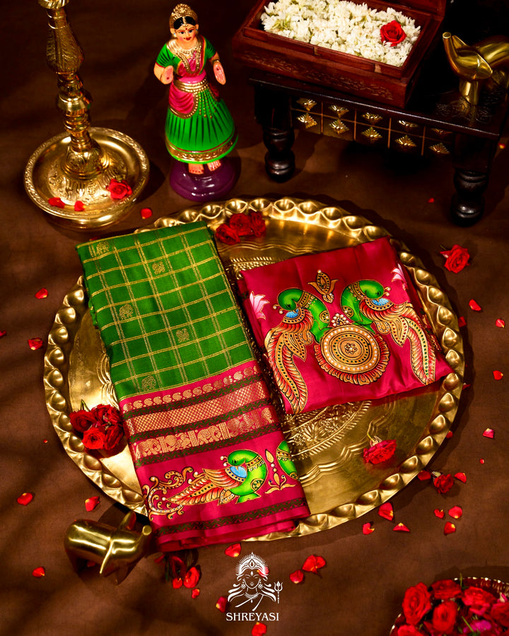 Handloom Pure Kanjivaram Silk Sarees with Real Zari and Hand Painted Tanjore Art