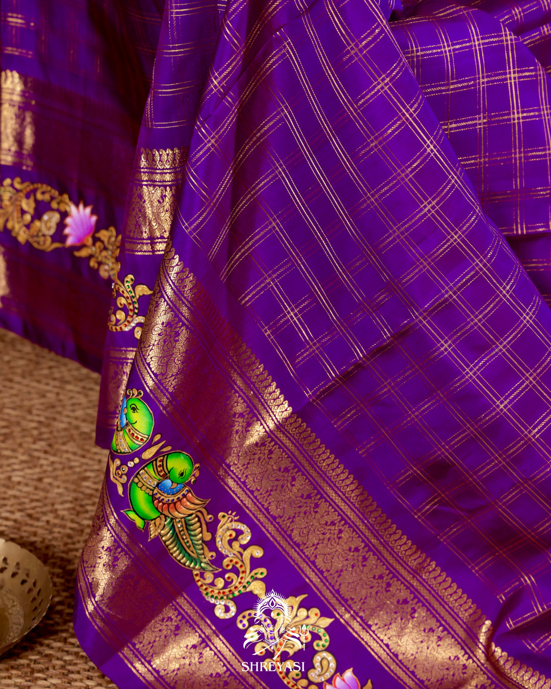 Handloom Pure Kanjivaram Silk Saree in Real Zari with Tanjore Kili and Kamalam Artwork