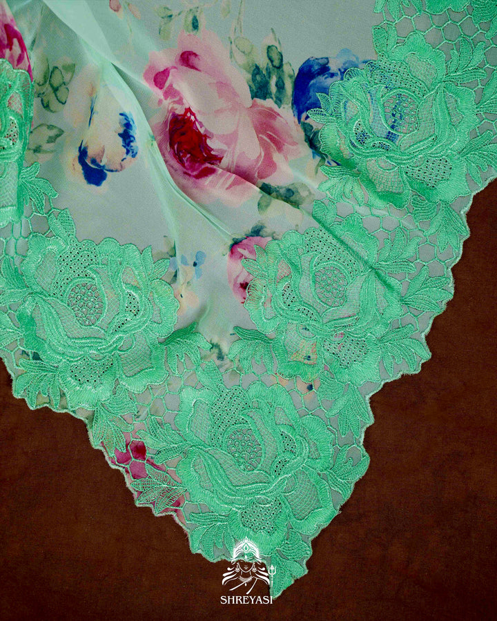 Pure Georgette Floral Saree with Chantilly Lace Embroidery Border